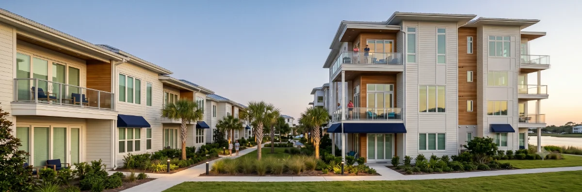 A row of modern Gulf Coast townhomes or a recently completed mid-rise condominium at golden hour