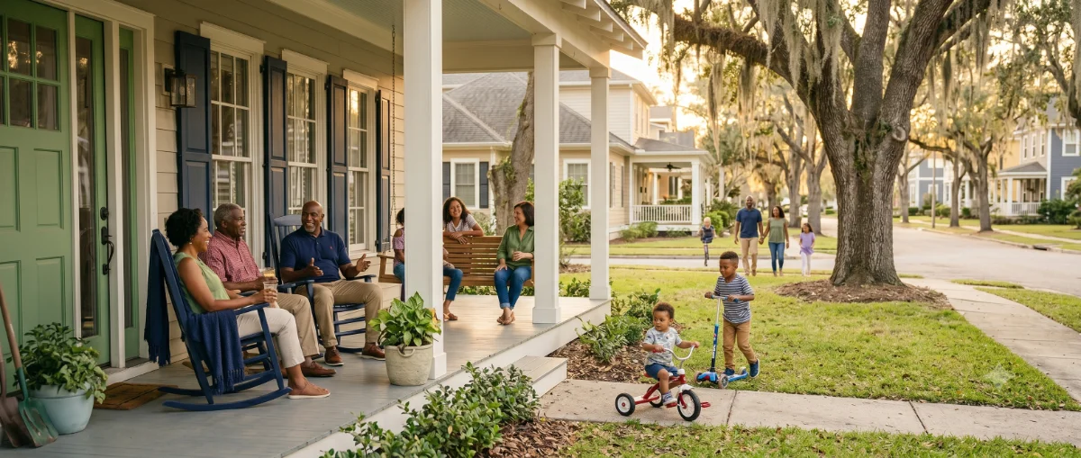 Wide landscape of a Gulf South community neighborhood