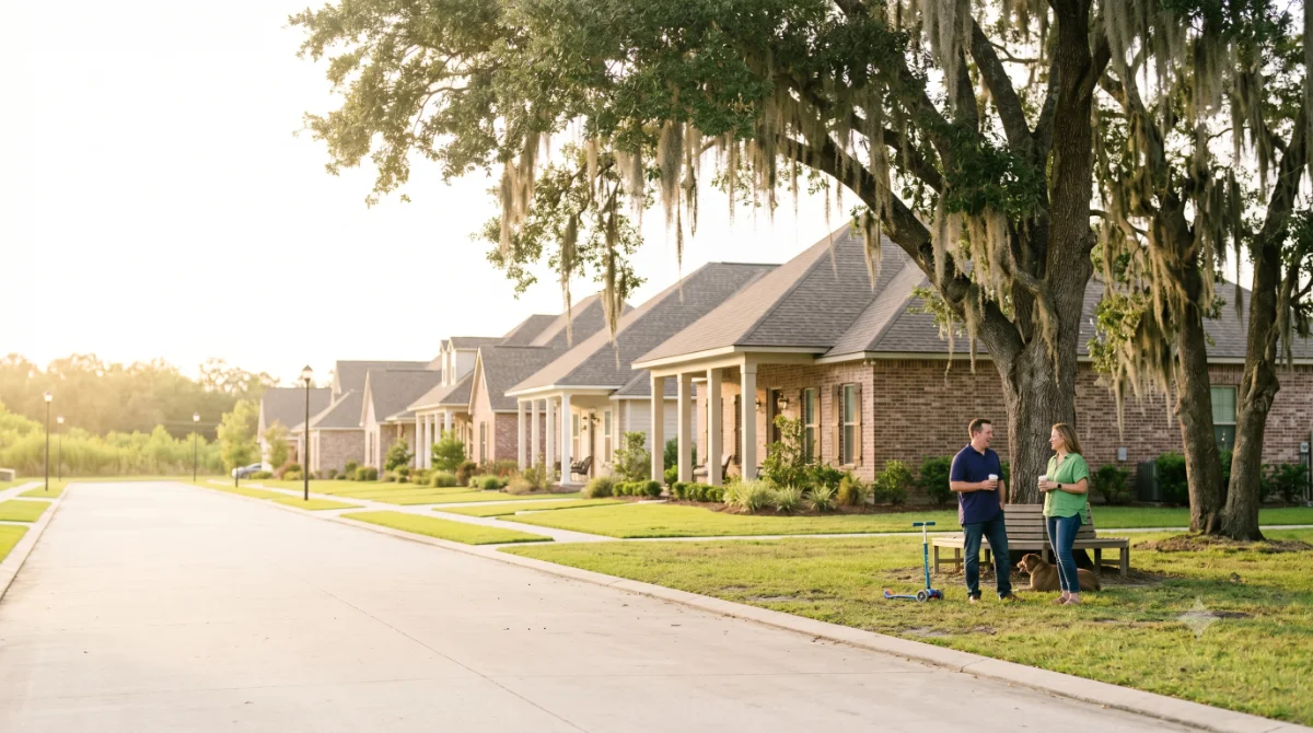 Wide view of a Gulf South single-family / master-planned community at golden hour
