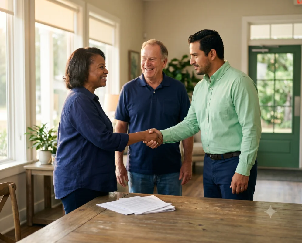 A visibly relieved HOA board member or small group of neighbors in genuine, warm conversation with a calm, capable CMGT community manager — a reassuring handshake, an easy laugh, a 'we've got it from here' moment at a community clubhouse, the feeling of weight lifted and trust earned